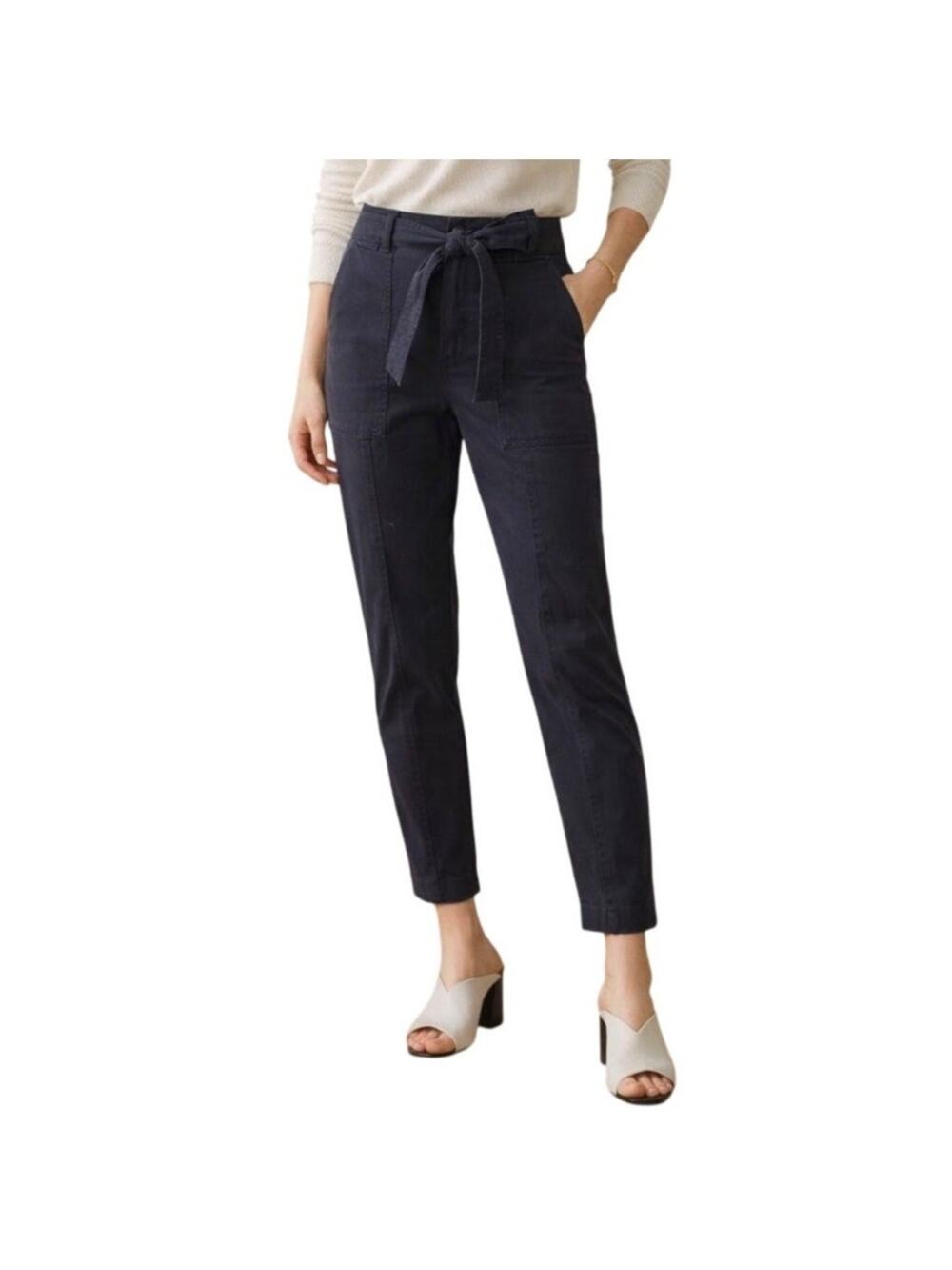 Rebecca Taylor Belted Twill Cotton Pants Size 26 Navy Blue Preppy Coastal Modern